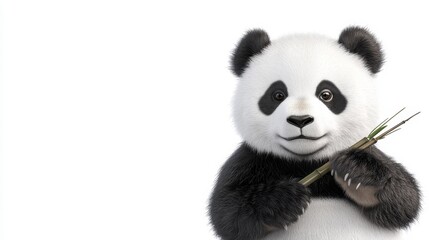 Cute Panda Cub Holding Bamboo on White Background