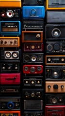 Fototapeta premium A stack of old fashioned radios stacked on top of each other