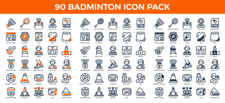 90 Badminton Icons in 3 Styles (Line, Solid, Two-Tone), Featuring Badminton Trophy, Coach, Commentator, and More &ndash; Vector Illustrations