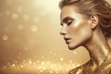 Golden Goddess A radiant woman adorned with shimmering gold dust, embodying elegance and luxury against a bokeh background.