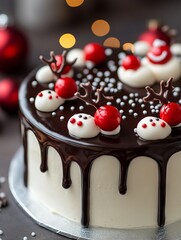 Fototapeta premium A chocolate cake decorated with red and white frosting and reindeer antlers