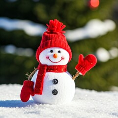 An adorable snowman with a red hat and gloves, on a snowy background with blurred trees, ideal for Christmas and winter themes.
