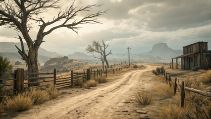 Obraz premium A dusty, winding road leads to a weathered wooden building in a desolate, arid landscape under a brooding sky