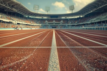 High Detail Picture of Empty Athletic Running Tracks in Stadium with Spectators