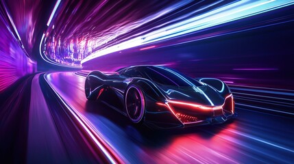 Futuristic Speedster Blasts Through Neon-Lit Tunnel at Warp Speed
