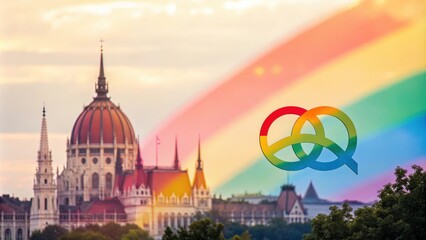 Naklejka premium Rainbow over architectural marvel, symbolizing inclusivity and acceptance