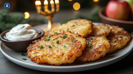 A warm Hanukkah setting with golden latkes on a white plate, paired with sour cream and applesauce, complemented by a glowing menorah and gold accents in the background.