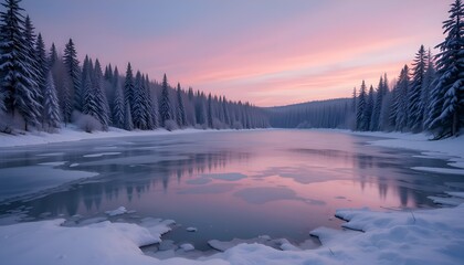 pine trees in the snow and a frozen lake in winter