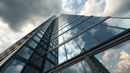 Modern Skyscraper Reflecting Clouds and Sky A Low-Angle View