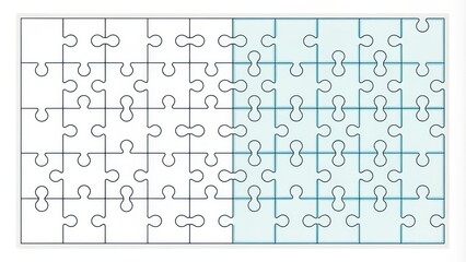 A partially completed jigsaw puzzle, illustrating the concept of teamwork and problem-solving, showing a clear division between the finished and unfinished sections.