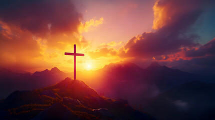 Fototapeta premium A Christian cross symbolizing Easter resurrection, set against a backdrop of dramatic lighting and a colorful mountain sunset with dark clouds and sunbeams.