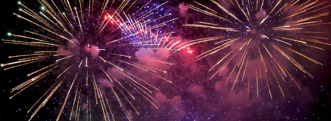 Obraz premium Banner Purple Firework celebrate anniversary happy new year 2025, 4th of july holiday festival. Banner Purple firework night time National holiday. Violet firework New year 2025 festival copy space