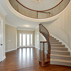 staircase in a luxury modern living room. Foyer with curved staircase. interior of a modern room with curved staircase.