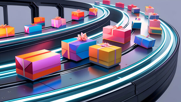 A glowing conveyor belt producing custom product packages, each uniquely tailored to individual customer profiles floating above. Hyper-Personalization