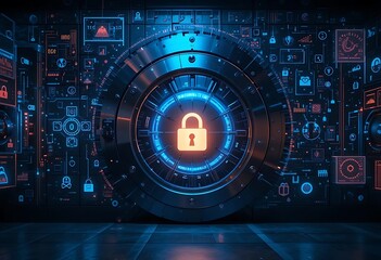 Obraz premium A vault door surrounded by glowing security data symbols