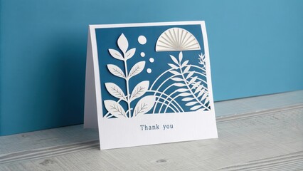 Elegant die-cut thank you card with a botanical design featuring white leaves and a sunburst element on a dark blue background.