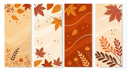 Autumnal Leaf Designs Four Vertical Banners with Abstract Waves and Fall Foliage