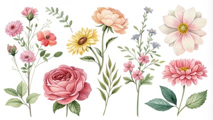 A Collection of Delicate Watercolor Floral Elements Roses, Sunflowers, Dahlias, and More