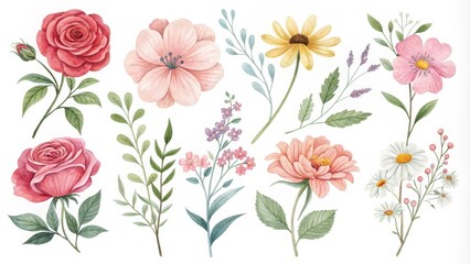 Fototapeta premium A Collection of Delicate Watercolor Botanical Floral Illustrations Featuring Roses, Daisies, and Other Blossoms Perfect for Design Projects