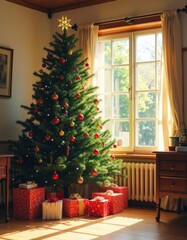 Sunlit Christmas Tree and Presents

