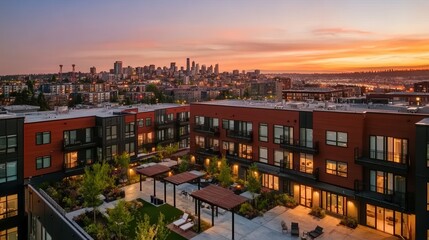 Fototapeta premium Sunset Glow Over Modern Apartment Complex with City Skyline View