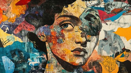 Fototapeta premium Abstract Collage Portrait of a Woman with a Blue Eye