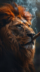 Naklejka premium a lion smoking a cigar black background