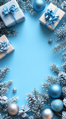 Christmas banner with gift boxes, baubles, and snowy branches with large space in middle for text. Blue ribbon bows, silver decorations on a pastel blue backdrop. Top view, plenty of room for text.