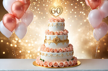 60th wedding anniversary celebration. Wedding cake and bouquet of rose flower. Romantic background.
