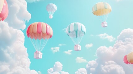 Obraz premium A Box flying on a parachute with pink cloud,vector illustration of package flying down from sky and cloud with parachute, concept for delivery service,shopping online,air delivery service.