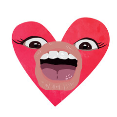 Vector freehand cute watercolor red heart with expressive face, eyes and mouth on a white isolated white background. Hand drawn watercolour drawing for Valentine's Day. Illustration.