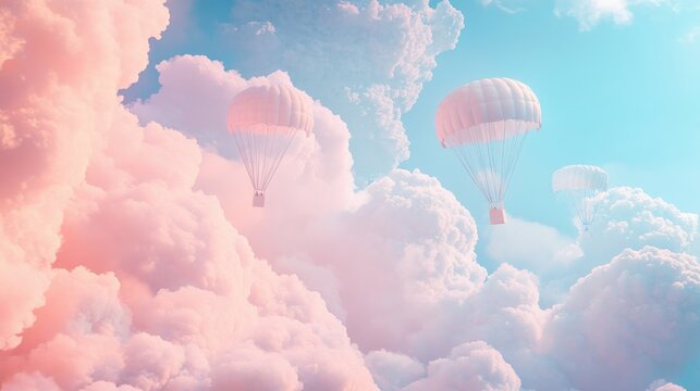 A Box flying on a parachute with pink cloud,vector illustration of package flying down from sky and cloud with parachute, concept for delivery service,shopping online,air delivery service.