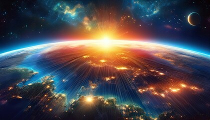 Obraz premium Earth from space with a sunrise over the horizon, surrounded by stars