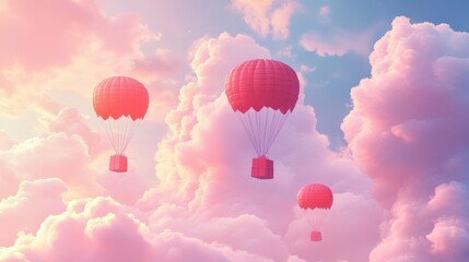 A Box flying on a parachute with pink cloud,vector illustration of package flying down from sky and cloud with parachute, concept for delivery service,shopping online,air delivery service.