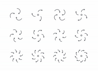 curved arrow circle inward and outward icon set. editable stroke vector illustration