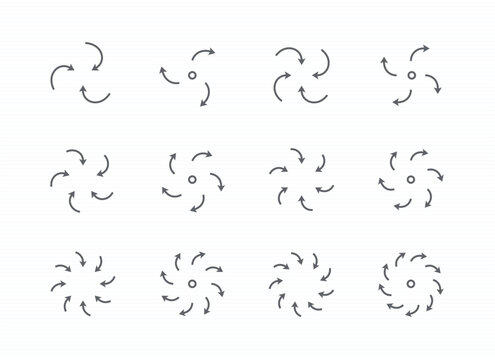 curved arrow circle inward and outward icon set. editable stroke vector illustration