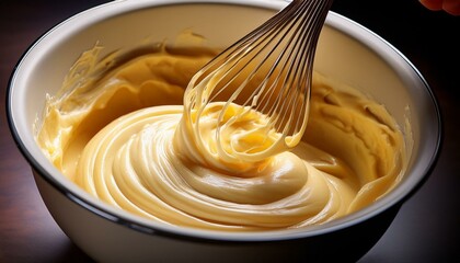 Creamy, golden pastry cream being whisked in a bowl.