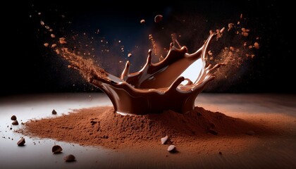 Dark chocolate splash in cocoa powder. Rich, decadent dessert photography.