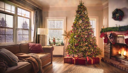 Cozy Christmas living room with a decorated tree, presents, and a warm fire.