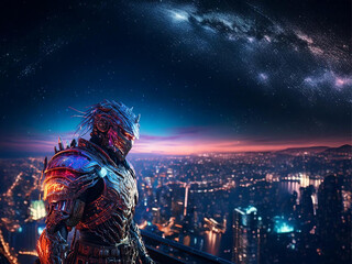 Fototapeta premium Cybernetic Warrior Overlooking a Futuristic City at Night