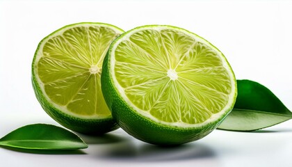 Two juicy lime halves with vibrant green leaves.
