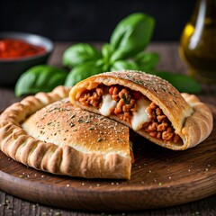 A beautifully baked Italian calzone with golden crust, sprinkled with herbs, sliced open to reveal mozzarella, sausage, and tomato sauce, presented on a rustic wooden platter