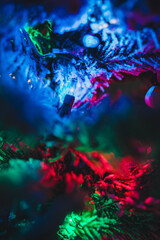 A beautiful lit-up white flocked Christmas tree at night with bright blue, red, and green lights during the holidays.