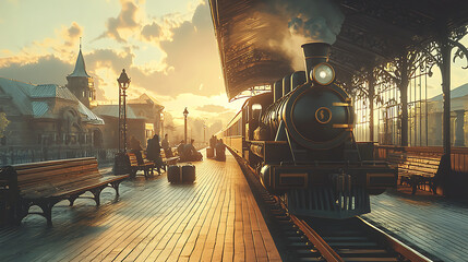 A train is pulling into a station with a few benches © Wongstorn