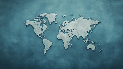 World Map Embossed on Blue: A textured world map, embossed on a blue background, symbolizes global connectivity and exploration.
