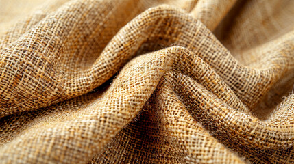 Fototapeta premium A detailed close-up of natural jute fabric in warm golden tones, showing the rough texture and organic feel of the material, with visible woven fibers.
