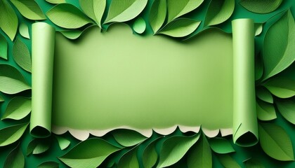 Green leaves surround a curled paper scroll, creating a natural, vibrant frame.