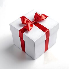 Obraz premium A Beautifully Wrapped White Gift Box with a Red Ribbon Bow: A Perfect Present for Any Occasion