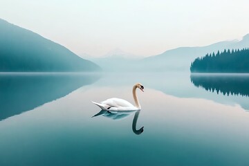 Fototapeta premium A serene swan glides across a still lake, surrounded by misty mountains and calm waters, creating a tranquil and picturesque landscape.