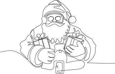 One continuous line drawing Santa Claus on reindeer and sled. concept for Christmas and New Year. vector illustration. Vector illustration